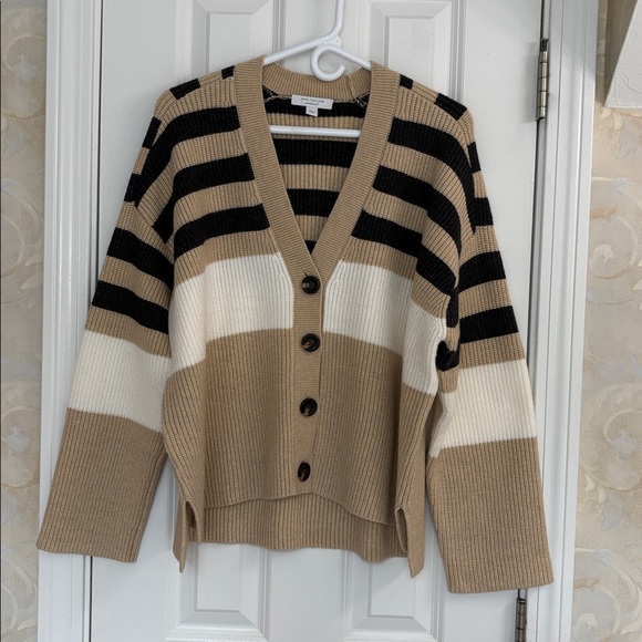 Ann Taylor Weekend Trendy Striped Beige and Charcoal Cardigan Sweater - Picture 1 of 10